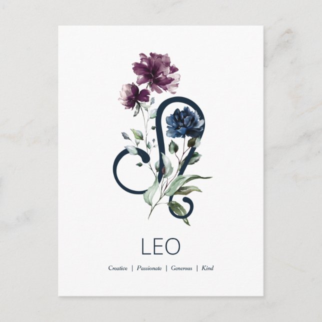 Cartão Postal Elegante Zódiaco Floral Signo Estelar Leão (Frente)