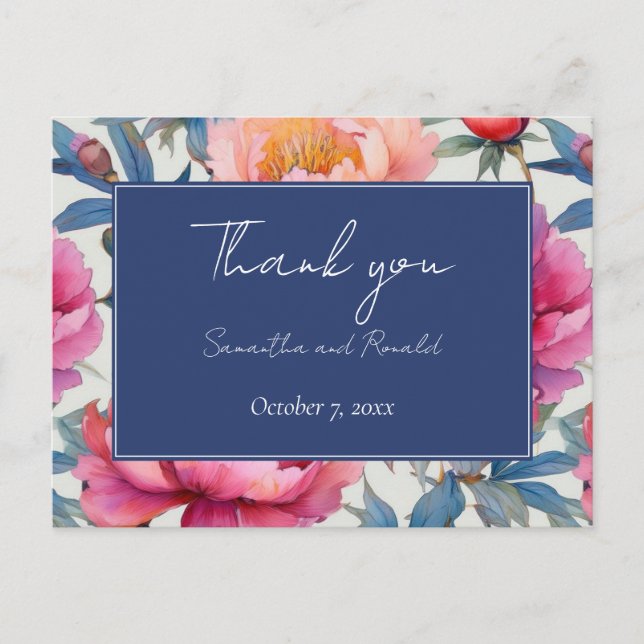 Cartão Postal Elegantes Flores de Peônia em Aquarela Casamento A (Frente)