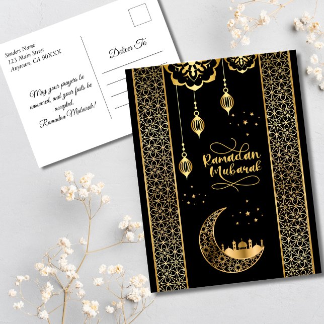 Cartão Postal Elegantes Padrões Islâmicos Dourados Ramadan Mubar (Elegant Gold and Black Islamic Patterns Ramadan Mubarak Postcard)