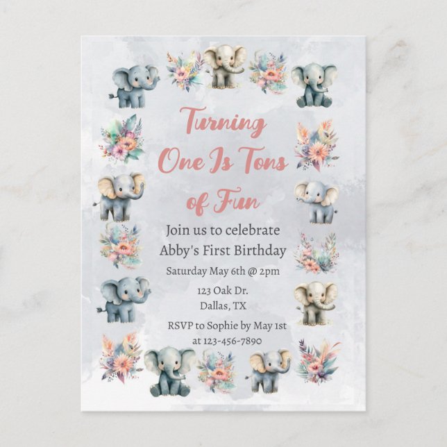Cartão Postal Elephants & Boho Jungle Flowers no Aniversário da  (Frente)