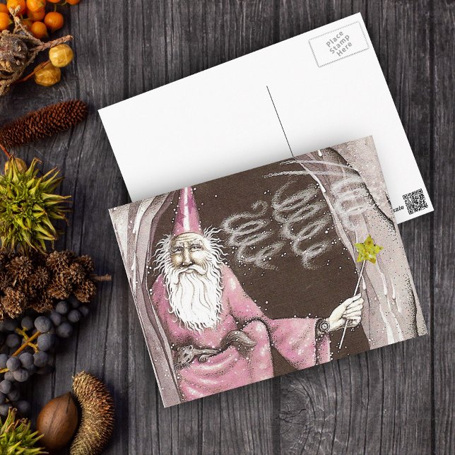 Cartão Postal Elf Magic Wand Star (Wizard pink robes hat with star wand and ferret in his lap in a cave on a postcard.)