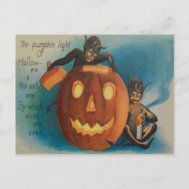 Cartão Postal Elfos Goblin Vela Jack O' Lantern Abóbora (Frente)