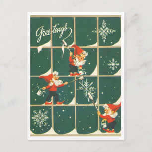 Cartão Postal Elfos Natal Feriado Decoração Janela Retro