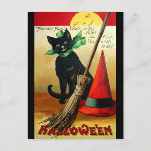 Cartão Postal Ellen H. Clapsaddle: Gato Preto, Vassoura e Chapéu