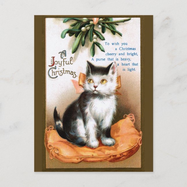 Cartão Postal Ellen H. Clapsaddle: Gato sob Mistletoe (Frente)