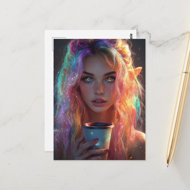 Cartão Postal Elven Woman com café (Frente/Verso In Situ)