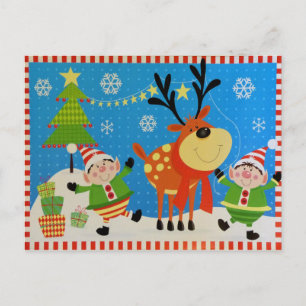 Cartão Postal Elves e Reindeer