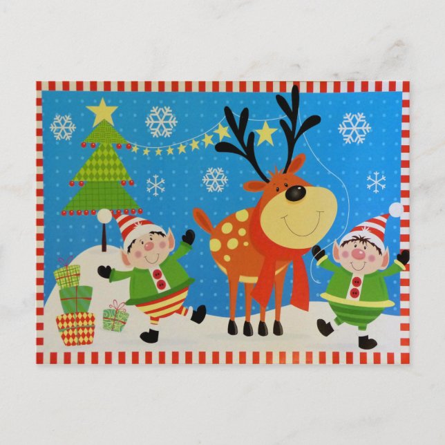 Cartão Postal Elves e Reindeer (Frente)