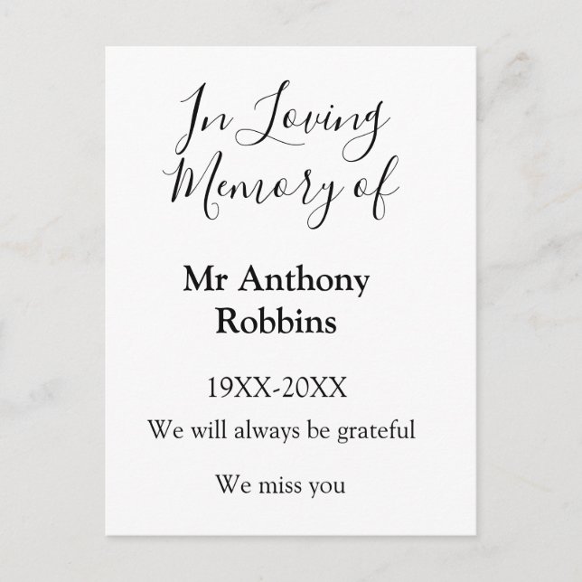 Cartão Postal Em memória carinhosa de nome lembrança funeral (Frente)