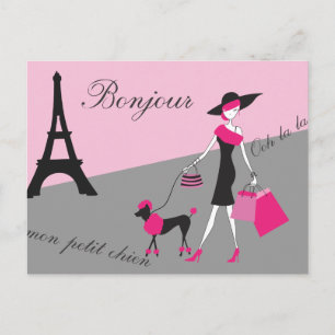 Cartão Postal Em Paris, Mulher e Cachorro Rosa e Negro