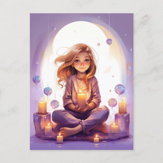 Cartão Postal Em Paz, Bonito Meditando Yoga Girl Roxo Dourada
