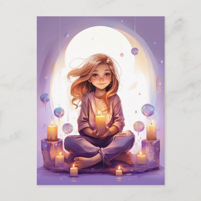Cartão Postal Em Paz, Bonito Meditando Yoga Girl Roxo Dourada (Frente)