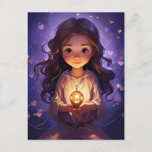 Cartão Postal Em Paz, Meditando Bonito Yoga Girl Purple Hearts