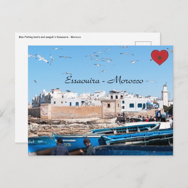 Cartão Postal Embarcações de pesca azul em Essaouira - Marrocos (Frente/Verso)