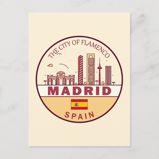 Cartão Postal Emblem de Skyline da Cidade da Espanha de Madrid (Frente)