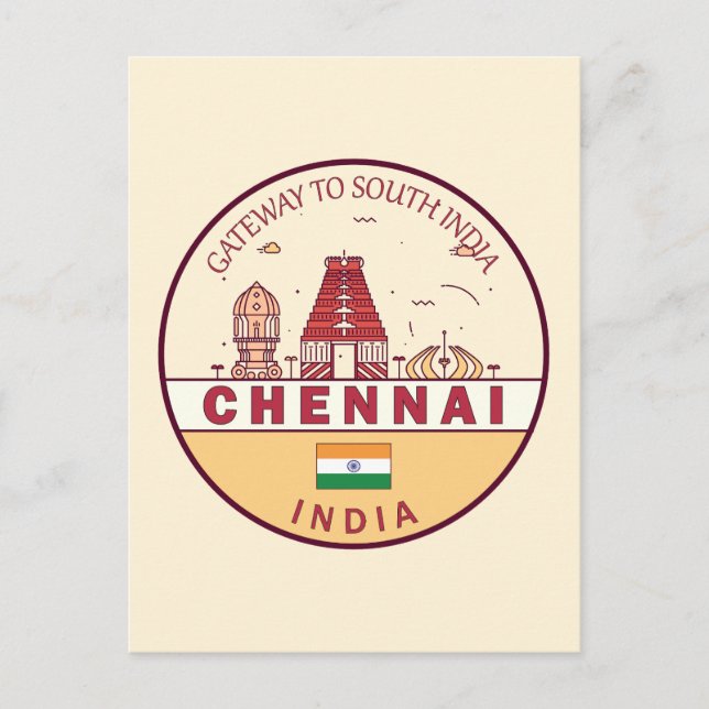 Cartão Postal Emblem Skyline Cidade de Chennai Índia (Frente)