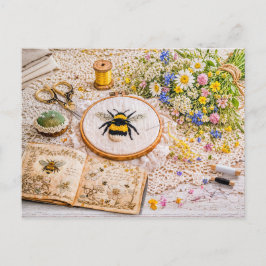Cartão Postal Embroidery Book with Stitched Bumblebee and Vintag