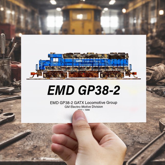 Cartão Postal EMD GP38-2 Locomotive diesel azul e branco GATX (EMD GP38-2 Diesel Locomotive GATX blue and white. Postcard )