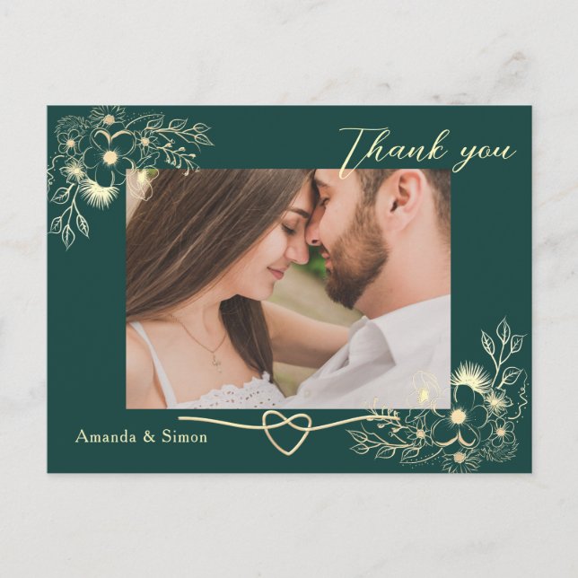 Cartão Postal Emerald Dourado Casamento Floral Obrigado (Frente)