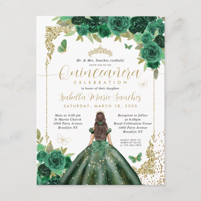 Cartão Postal Emerald Green, Dourada Princesa Floral Quinceañera (Frente)