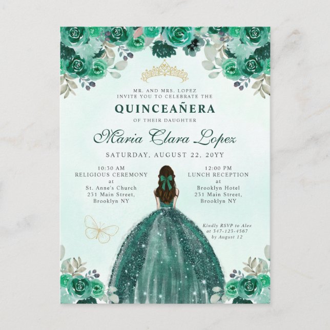 Cartão Postal Emerald Green Dourada Princesa Floral Quinceañera (Frente)
