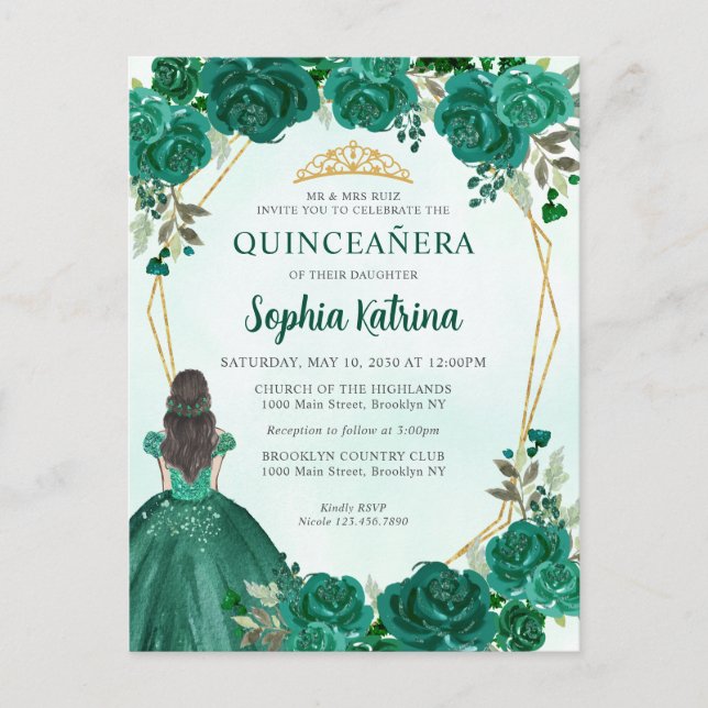 Cartão Postal Emerald Green Dourada Princesa Floral Quinceañera (Frente)