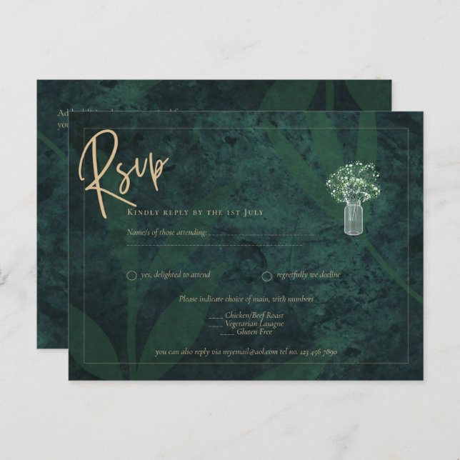 Cartão Postal Emerald Green Dourado Text Gypsophila Wedding RSVP (Frente/Verso)