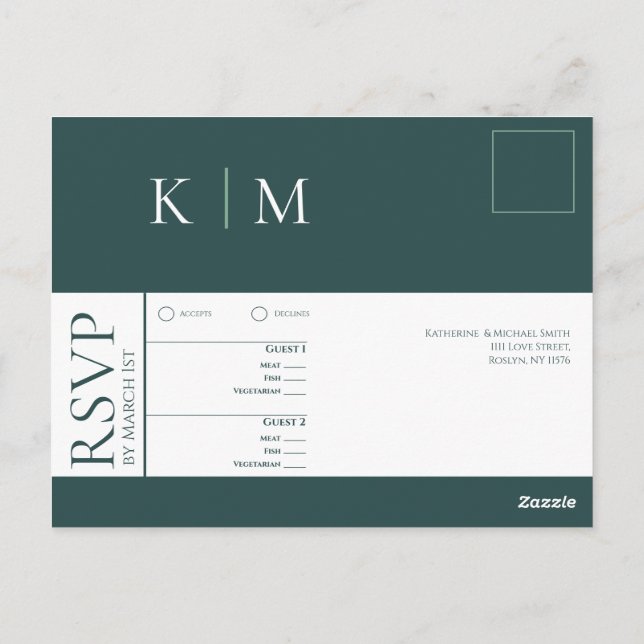 Cartão Postal Emerald Green e White-RSVP-Casamento- (Verso)