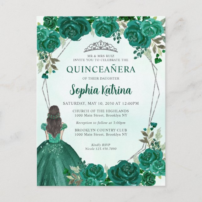 Cartão Postal Emerald Green Floral Princess Tiara Quinceañera (Frente)