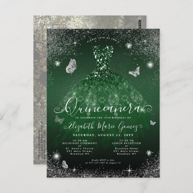 Cartão Postal Emerald Green Gown Silver Photo Quinceanera (Frente/Verso)