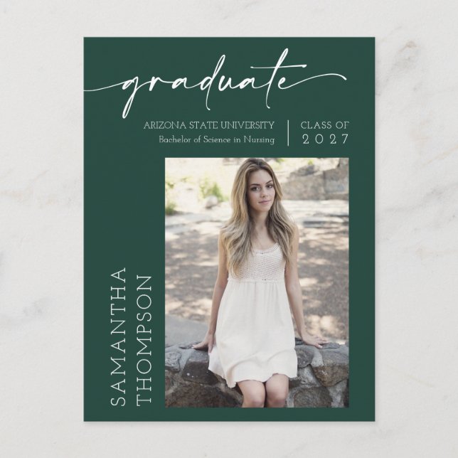 Cartão Postal Emerald Green Minimal Script She Did It Photo Grad (Frente)
