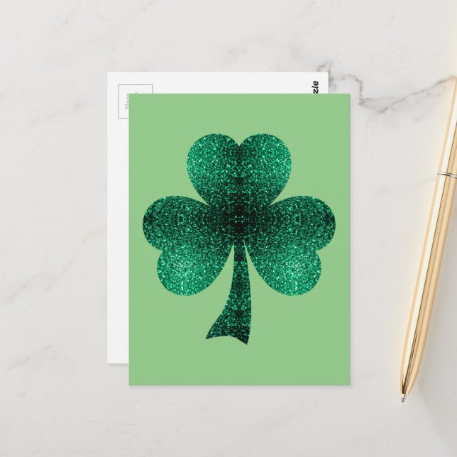 Cartão Postal Emerald Green Sparkles Shamrock Clover (Frente/Verso In Situ)