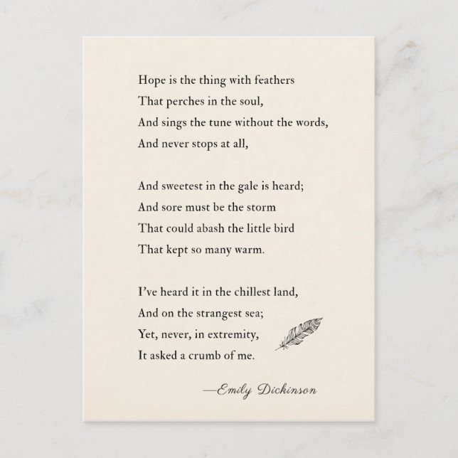 Cartão Postal Emily Dickinson Poem hope é coisa com penas (Frente)