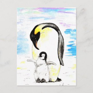 Cartão Postal Emperor Penguin and Chick Watercolor Painting