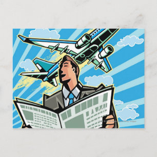 Cartão Postal Empresário com jornal e avião acima