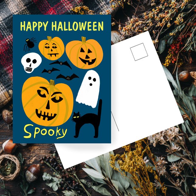 Cartão Postal Encantador Engraçado Pumpkins Ghost Bat HELLOWEEN (Charming Funny Pumpkins Ghost Bat HAPPY HALLOWEEN Cute Hand-drawn Postcard
)