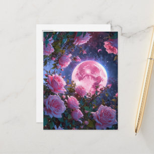 Cartão Postal Encantadora Lua Rosa & Rosas em Flor Arte Fantasia