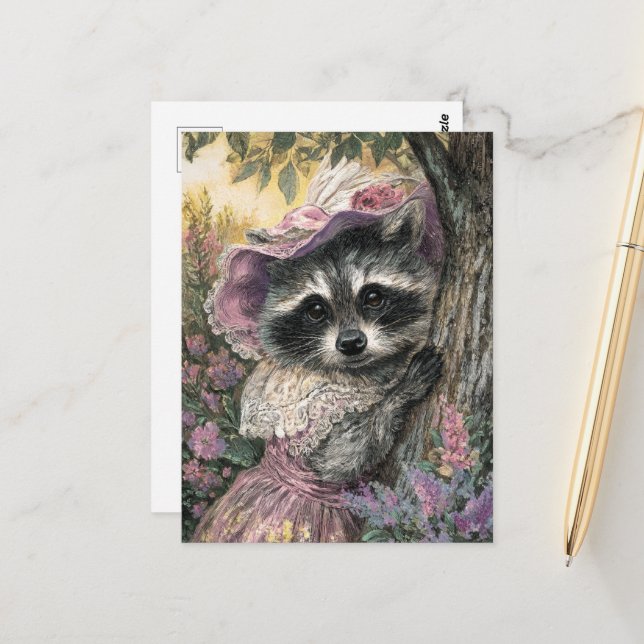 Cartão Postal Encantadora Raccoon em um vestido cor-de-rosa (Frente/Verso In Situ)