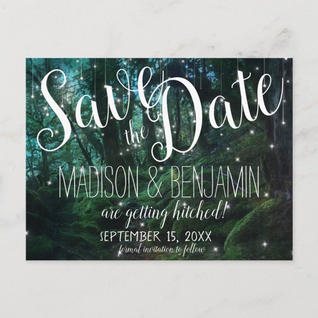Cartão Postal Enchanted Forest Trees Fairy Lights Save the Date (Frente)
