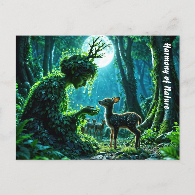 Cartão Postal Enchanted nature guardian feeding a baby fawn (Frente)