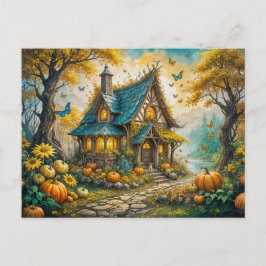 Cartão Postal Enchanting Autumn Cottage with Pumpkins