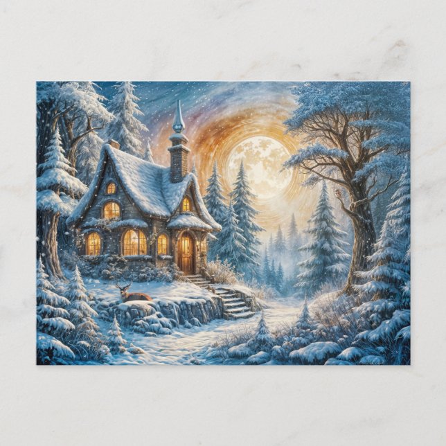 Cartão Postal Enchanting Winter Cottage in Moonlight (Frente)