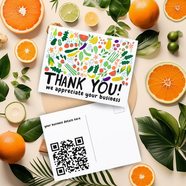 Cartão Postal Encomendar OBRIGADO Mercadorias Frutas Legumes QR  (Thank you for your order card with custom QR code and fruit and vegetable illustration. Customize it)