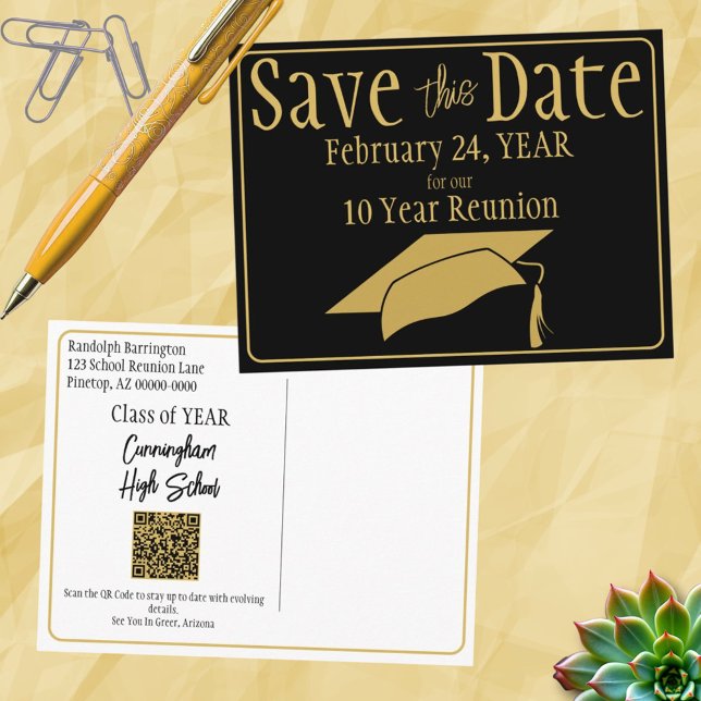 Cartão Postal Encontro de Ex-Alunos Salve a Data Preto Dourado C (front and back save the date class reunion post card)