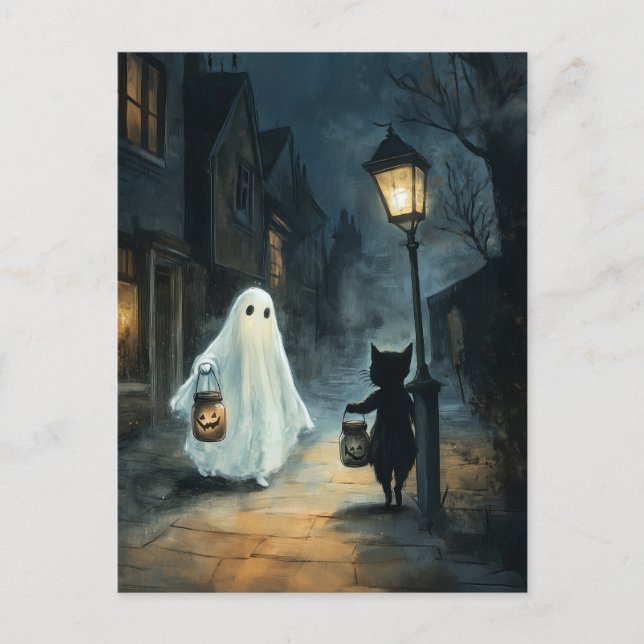Cartão Postal Encontro de Fantasma e Gato no Halloween (Frente)