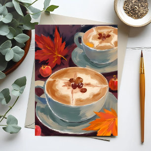 Cartão Postal Encontro de Latte de Outono Aquarela de Folhas d