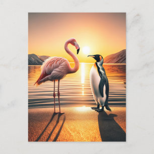 Cartão Postal Encontro Flamingo e Penguin Sunset