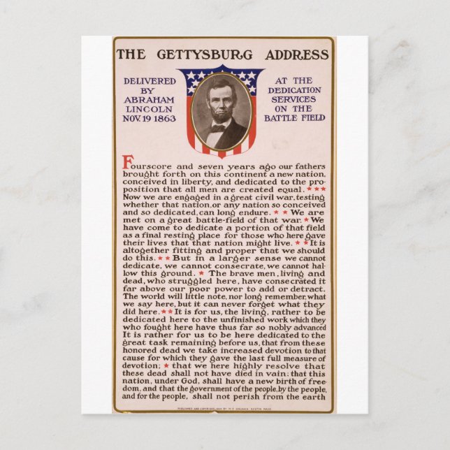 Cartão Postal Endereço de Gettysburg por Abraham Lincoln 1863 (Frente)