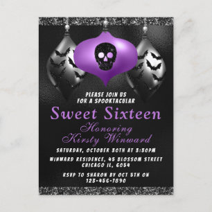 Cartão Postal Enfeites de Halloween Preto Roxo Sweet 16