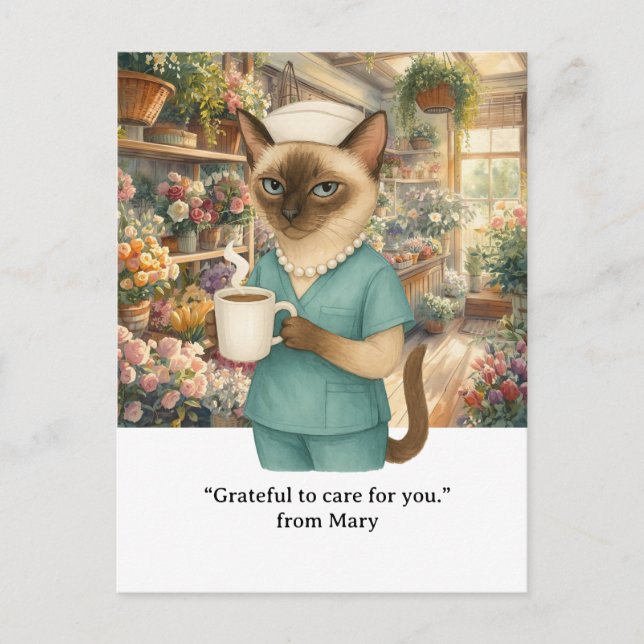 Cartão Postal Enfermeira é café bebendo em frente ao compro flor (Frente)